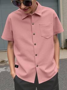 SHEIN 休閒貼布 口袋 前紐扣字母男童（大）襯衫 - 藕粉色 - 查看 6