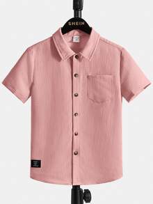 SHEIN 休閒貼布 口袋 前紐扣字母男童（大）襯衫 - 藕粉色 - 查看 2