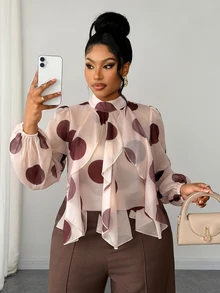 Maweii Plus Size French Vintage Polka Dot Ruffle Design Elegant Long Sleeve Blouse - Multicolor - View 2