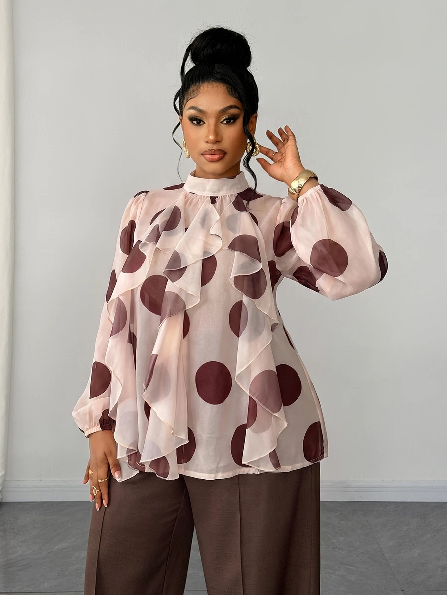 Maweii Plus Size French Vintage Polka Dot Ruffle Design Elegant Long Sleeve Blouse - Multicolor - View 1