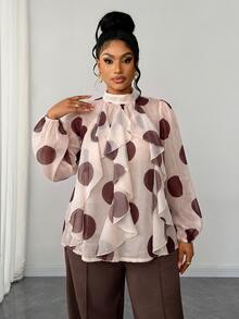 Maweii Plus Size French Vintage Polka Dot Ruffle Design Elegant Long Sleeve Blouse - Multicolor - View 5