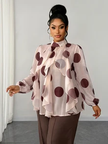 Maweii Plus Size French Vintage Polka Dot Ruffle Design Elegant Long Sleeve Blouse - Multicolor - View 4