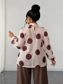 Maweii Plus Size French Vintage Polka Dot Ruffle Design Elegant Long Sleeve Blouse - Multicolor - View 7