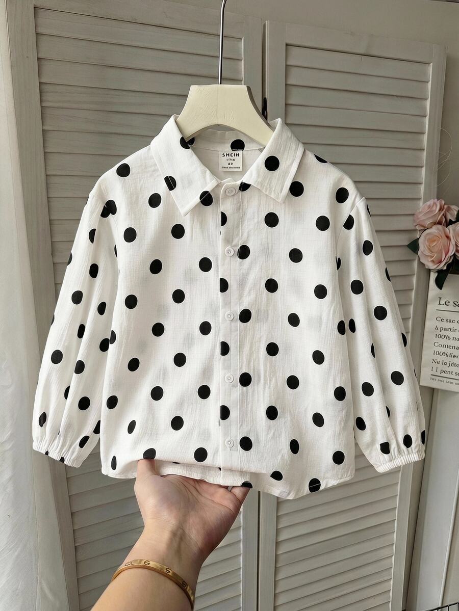SHEIN 女童對比色圓點圖案長袖鈕扣襯衫 - 黑與白 - 查看 1