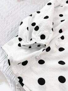 SHEIN 女童對比色圓點圖案長袖鈕扣襯衫 - 黑與白 - 查看 4