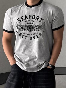 DAZY 男士夏季撞色領圓領字母印花修身短袖T恤圖案上衣 - 灰色 - 查看 3