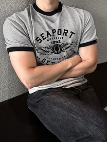DAZY 男士夏季撞色領圓領字母印花修身短袖T恤圖案上衣 - 灰色 - 查看 8