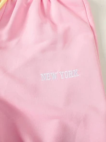 SHEIN 青少年女孩秋冬休閒甜美多巴胺色黃色方領刺繡抓皺長袖T恤與粉色腰帶對比色運動長褲2件套，適合秋季出遊、返校、日常穿著 - 黃色 - 查看 7