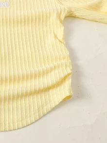 SHEIN 青少年女孩秋冬休閒甜美多巴胺色黃色方領刺繡抓皺長袖T恤與粉色腰帶對比色運動長褲2件套，適合秋季出遊、返校、日常穿著 - 黃色 - 查看 8