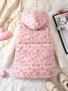 SHEIN Young Girl Young Girl Kids Woven Heart Pattern Hooded Dual Pocket Casual Padded Vest Autumn - Multicolor - View 7