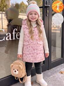 SHEIN Young Girl Young Girl Kids Woven Heart Pattern Hooded Dual Pocket Casual Padded Vest Autumn - Multicolor - View 4