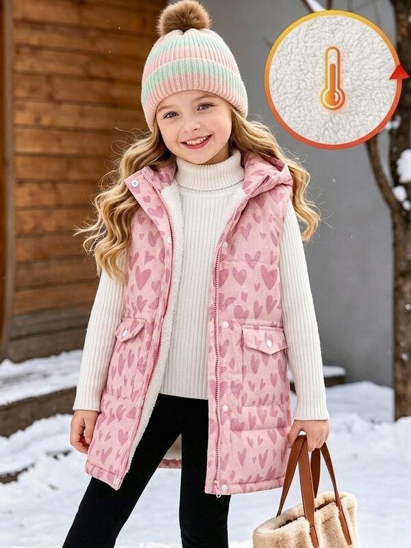 Emery Rose Kids Emery Rose Kids Chaleco acolchado casual con capucha y bolsillos dobles con patrón de corazón tejido para niña joven, otoño