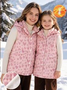 SHEIN Young Girl Young Girl Kids Woven Heart Pattern Hooded Dual Pocket Casual Padded Vest Autumn - Multicolor - View 3