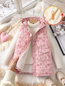 SHEIN Young Girl Young Girl Kids Woven Heart Pattern Hooded Dual Pocket Casual Padded Vest Autumn - Multicolor - View 5