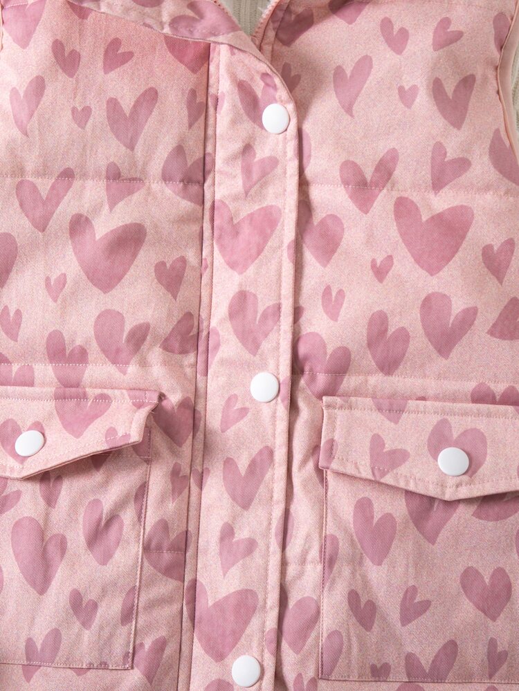 SHEIN 女童小女孩編織愛心圖案連帽雙口袋休閒加厚背心 秋冬款 - 彩色 - 查看 8