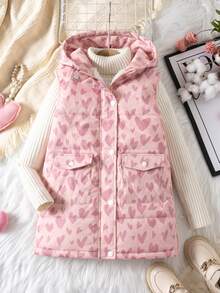 SHEIN Young Girl Young Girl Kids Woven Heart Pattern Hooded Dual Pocket Casual Padded Vest Autumn - Multicolor - View 6