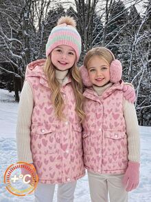 SHEIN Young Girl Young Girl Kids Woven Heart Pattern Hooded Dual Pocket Casual Padded Vest Autumn - Multicolor - View 2