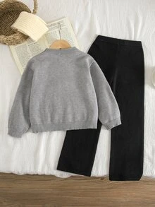 SHEIN 女童小女孩純色針織3D蝴蝶結毛衣＋長褲秋季兩件套 - 彩色 - 查看 6