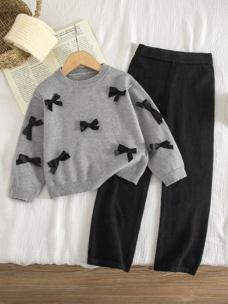 SHEIN Kids Young Girl Young Girl Young Girl Solid Color Knit 3D Bow Sweater & Long Autumn Pants 2 Pieces Set - Multicolor - View 5