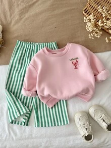 SHEIN 女童嬰兒秋季時尚度假風休閒極簡蝦子印花柔軟圓領長袖套頭衛衣＋綠色條紋鬆緊腰長褲 2件套 - 彩色 - 查看 3