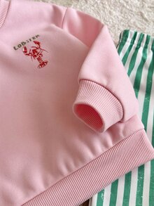 SHEIN 女童嬰兒秋季時尚度假風休閒極簡蝦子印花柔軟圓領長袖套頭衛衣＋綠色條紋鬆緊腰長褲 2件套 - 彩色 - 查看 4