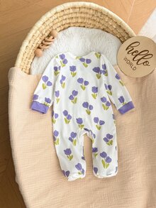 SHEIN 新生兒舒適柔軟花卉印花飾邊前開拉鍊連腳睡衣 - 淡紫色 - 查看 9