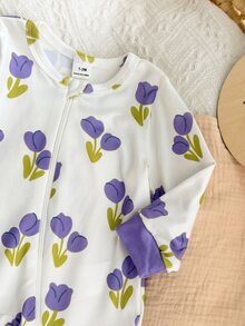 SHEIN 新生兒舒適柔軟花卉印花飾邊前開拉鍊連腳睡衣 - 淡紫色 - 查看 5