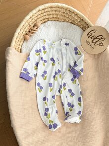 SHEIN 新生兒舒適柔軟花卉印花飾邊前開拉鍊連腳睡衣 - 淡紫色 - 查看 3