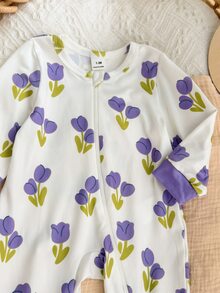 SHEIN 新生兒舒適柔軟花卉印花飾邊前開拉鍊連腳睡衣 - 淡紫色 - 查看 7