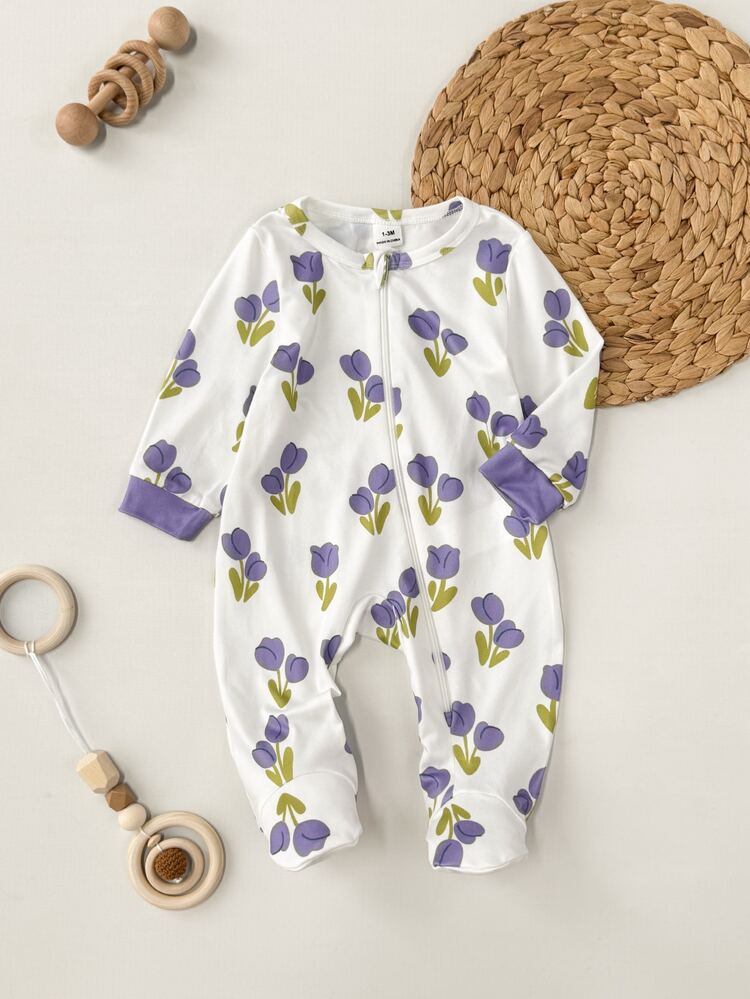 SHEIN Newborn Baby Comfortable Soft Floral Print Trim Zipper Front Footed Pajamas - Mauve Purple - View 6