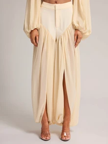 SHEIN BAE Apricot Chiffon Panel Wide Leg Dress Pants, Elegant Flowy Volume Trousers For Office Date Night Brunch Fall,Elegant - Apricot - View 7