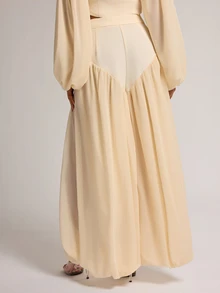 SHEIN BAE Apricot Chiffon Panel Wide Leg Dress Pants, Elegant Flowy Volume Trousers For Office Date Night Brunch Fall,Elegant - Apricot - View 2