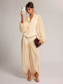 SHEIN BAE Apricot Chiffon Panel Wide Leg Dress Pants, Elegant Flowy Volume Trousers For Office Date Night Brunch Fall,Elegant - Apricot - View 3