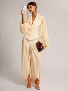 SHEIN BAE Apricot Chiffon Panel Wide Leg Dress Pants, Elegant Flowy Volume Trousers For Office Date Night Brunch Fall,Elegant - Apricot - View 1