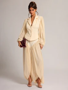 SHEIN BAE Apricot Chiffon Panel Wide Leg Dress Pants, Elegant Flowy Volume Trousers For Office Date Night Brunch Fall,Elegant - Apricot - View 4