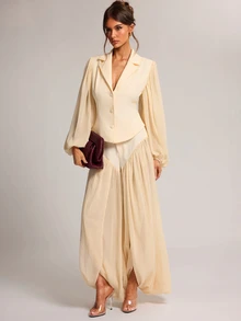 SHEIN BAE Apricot Chiffon Panel Wide Leg Dress Pants, Elegant Flowy Volume Trousers For Office Date Night Brunch Fall,Elegant - Apricot - View 8