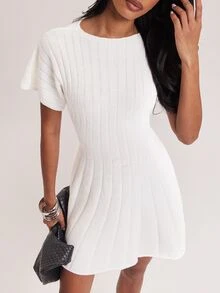 SHEIN BAE Gaun Mini Rajut A-Line Lengan Pendek Putih dengan Detail Ribbed untuk Wanita, Cocok untuk Tamu Acara Pernikahan/Pesta Kebun Musim Panas yang Elegan - Putih - View 7