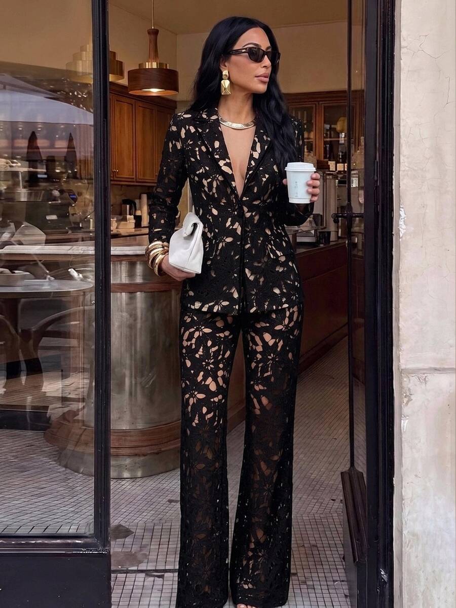 Silquee 女款優雅長袖西裝外套，翻領鏤空設計，適合女性職場專業穿著與辦公室穿搭，黑色鏤空西裝外套