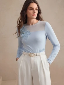 Anewsta Fall Delicate Mesh Patchwork Fitted Slimming 3D Floral Light Blue Long Sleeve Top, Suitable For Dates And Commuting - Blue - View 7