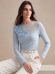 Anewsta Fall Delicate Mesh Patchwork Fitted Slimming 3D Floral Light Blue Long Sleeve Top, Suitable For Dates And Commuting - Blue - View 4
