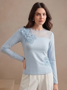 Anewsta Fall Delicate Mesh Patchwork Fitted Slimming 3D Floral Light Blue Long Sleeve Top, Suitable For Dates And Commuting - Blue - View 5