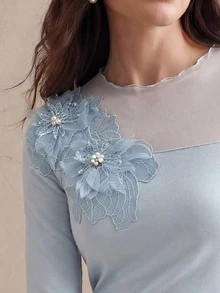 Anewsta Fall Delicate Mesh Patchwork Fitted Slimming 3D Floral Light Blue Long Sleeve Top, Suitable For Dates And Commuting - Blue - View 1
