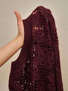 Anewsta 圓領短版鉤編不對稱花卉修身上衣 - 中紫紅色 - 查看 8