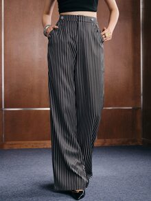 Anewsta Women Pants Business Black And White Striped Autumn Elegant - Black - View 2