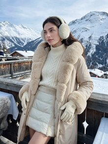 Anewsta 厚实长款蓬松毛领绗缝内衬束腰派克大衣，女式夹棉外套 - 米色 - 查看 4