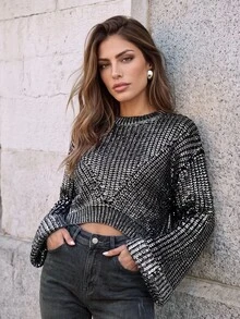 Anewsta Gradient Silver Foil Jumper In Black, Knit Pullover Autumn Night Out Party Modest - Black - View 5