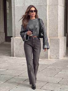 Anewsta Gradient Silver Foil Jumper In Black, Knit Pullover Autumn Night Out Party Modest - Black - View 3