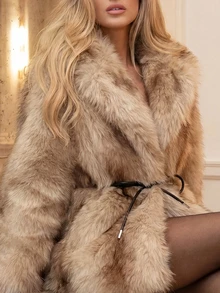 Anewsta Women's Autumn/Winter Striped Contrast Color Elegant Faux Fur Coat With Belt, Suitable For Going Out, Elegant, Chic, Formal, Graduation - Camel - View 3