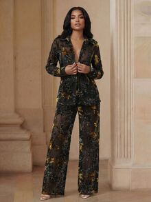 Anewsta Autumn/Winter Elegant Velvet Burnout Fabric Semi-Sheer Blouse & Elastic Waist Straight Leg Pants 2 Pieces Set For Women - Black - View 1