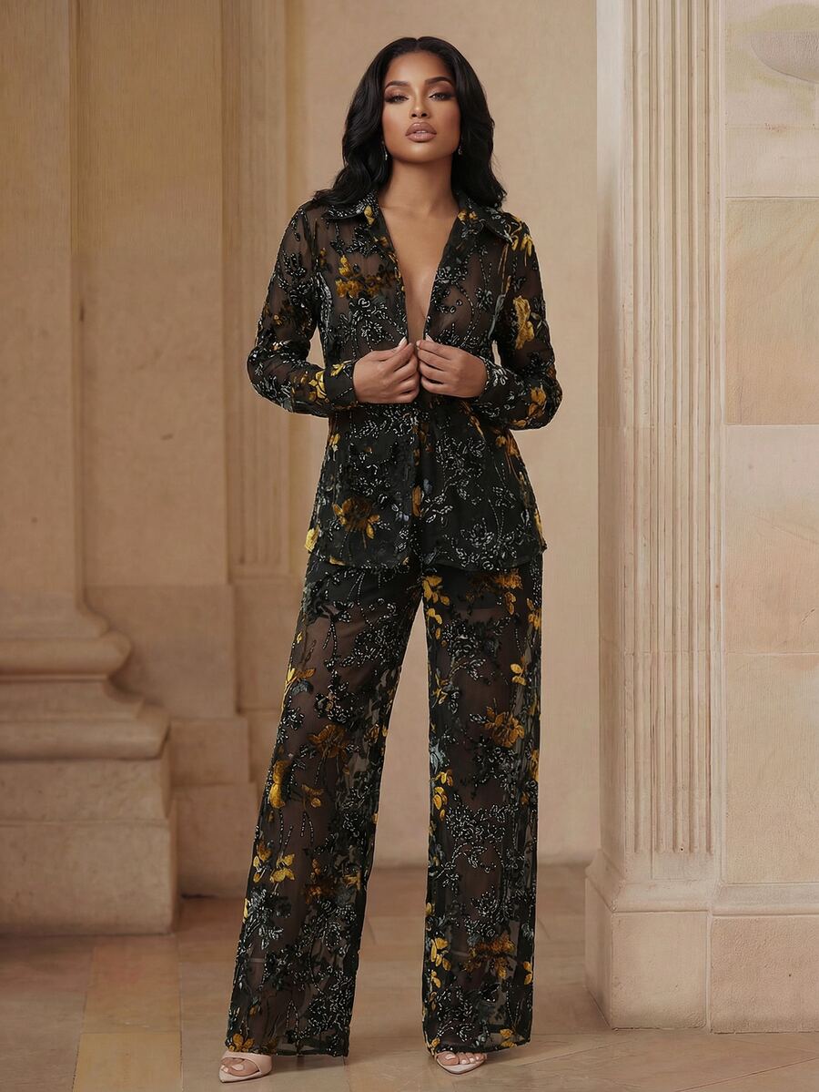Anewsta Autumn/Winter Elegant Velvet Burnout Fabric Semi-Sheer Blouse & Elastic Waist Straight Leg Pants 2 Pieces Set For Women - Black - View 1
